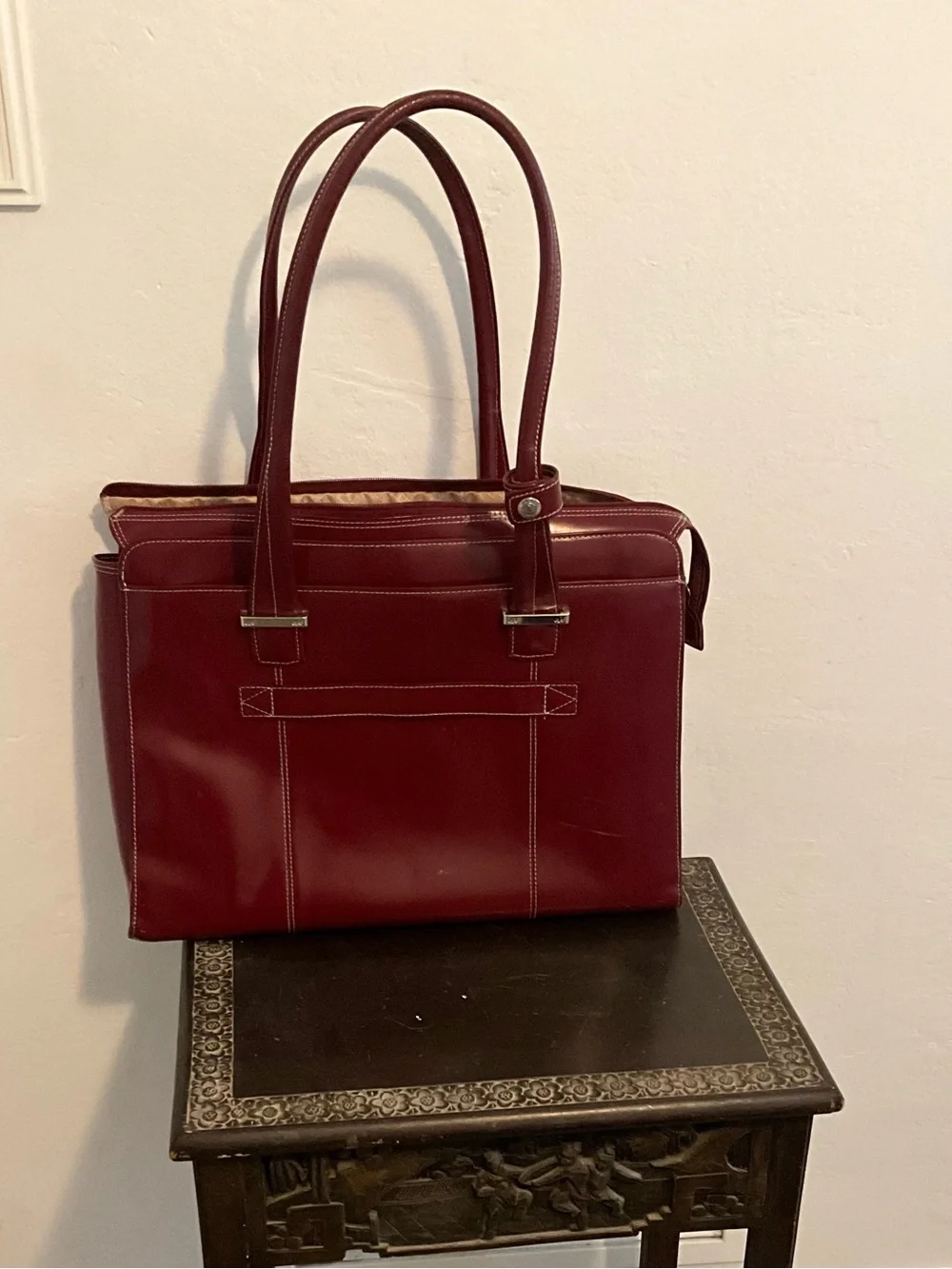 MCKlein Structured Wine Red 14” Laptop Tote with Front Pockets